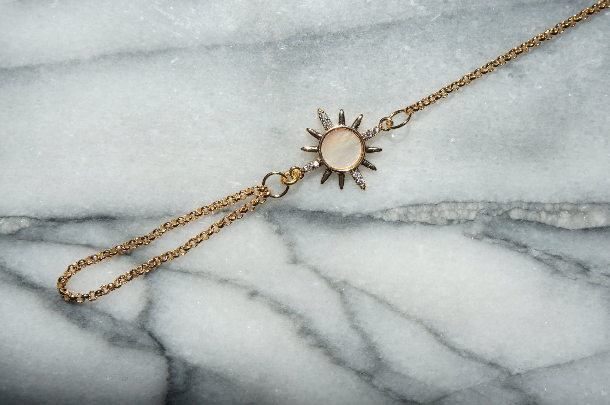 AURORA Hand Chain / Bracelet to Ring Chain / Gold or Silver Hand Chain / Sun Mother Of Pearl Bracelet