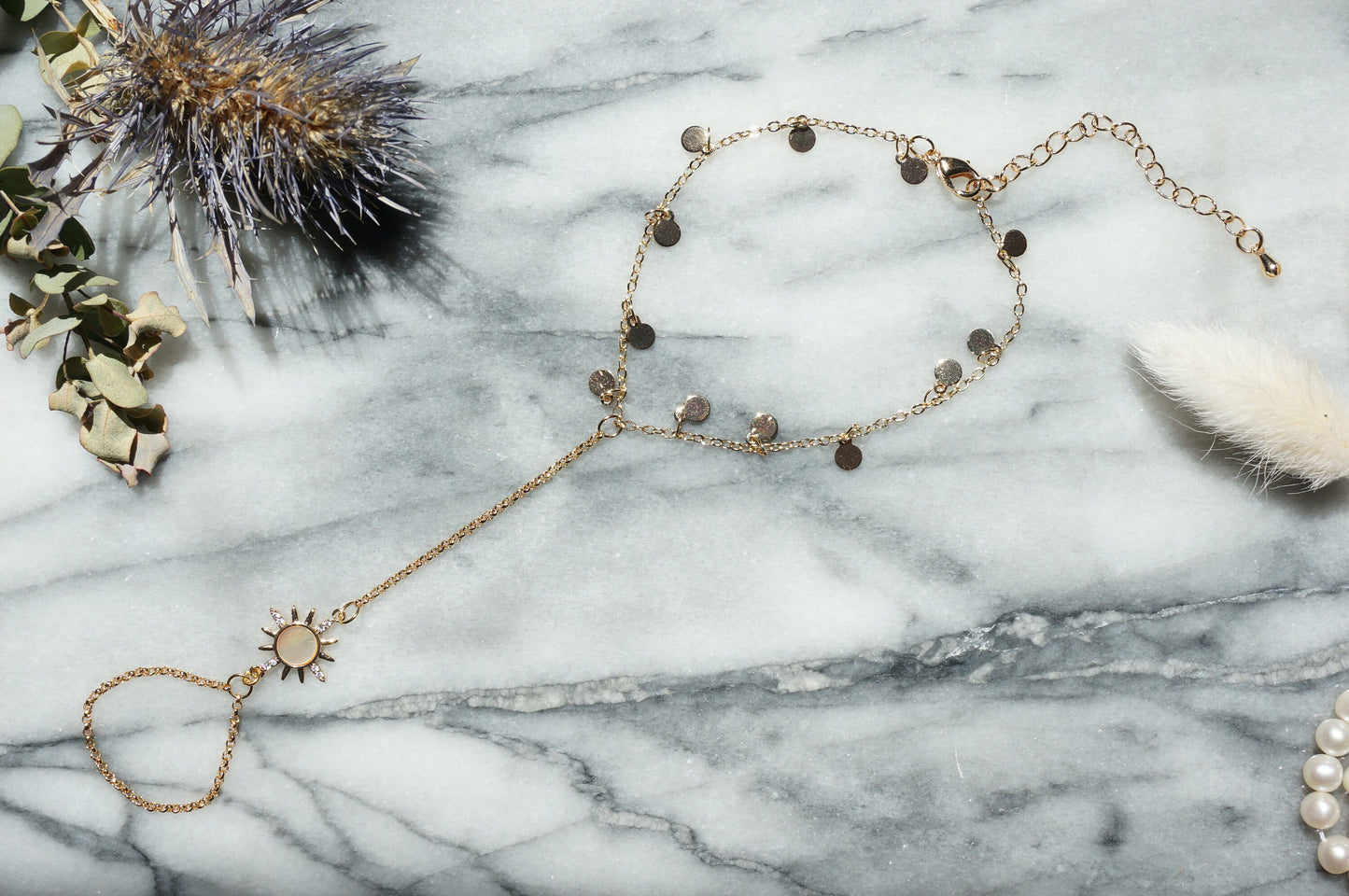 AURORA Hand Chain / Bracelet to Ring Chain / Gold or Silver Hand Chain / Sun Mother Of Pearl Bracelet