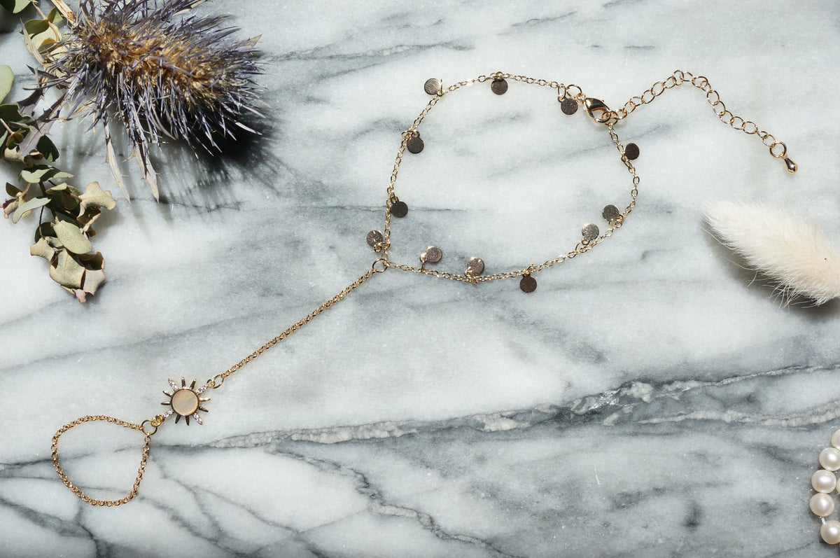 AURORA Hand Chain / Bracelet to Ring Chain / Gold or Silver Hand Chain / Sun Mother Of Pearl Bracelet