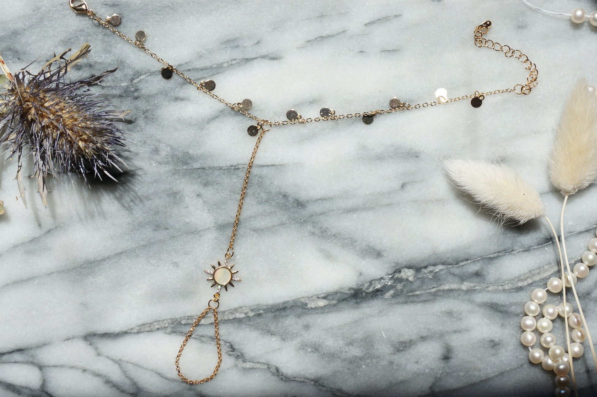 AURORA Hand Chain / Bracelet to Ring Chain / Gold or Silver Hand Chain / Sun Mother Of Pearl Bracelet