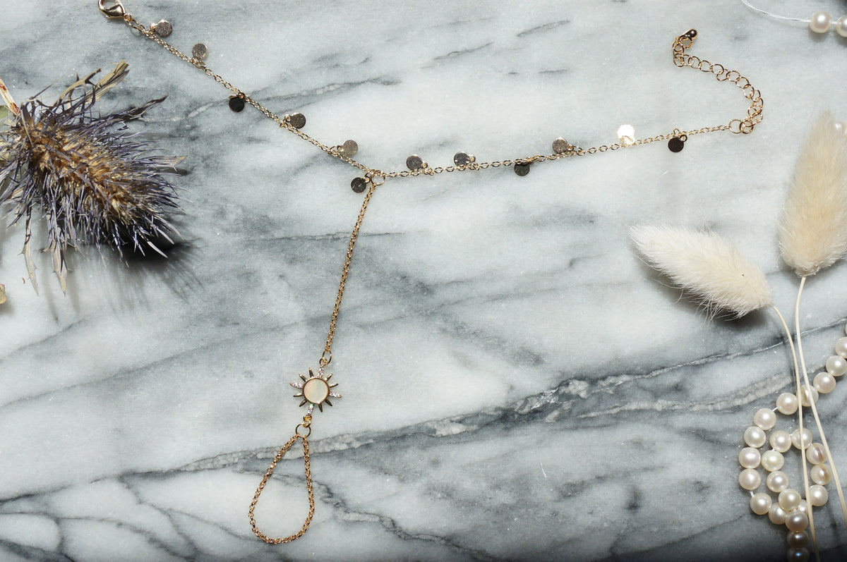 Gold Hand Chain Bracelet with Mother of Pearl Sun Charm