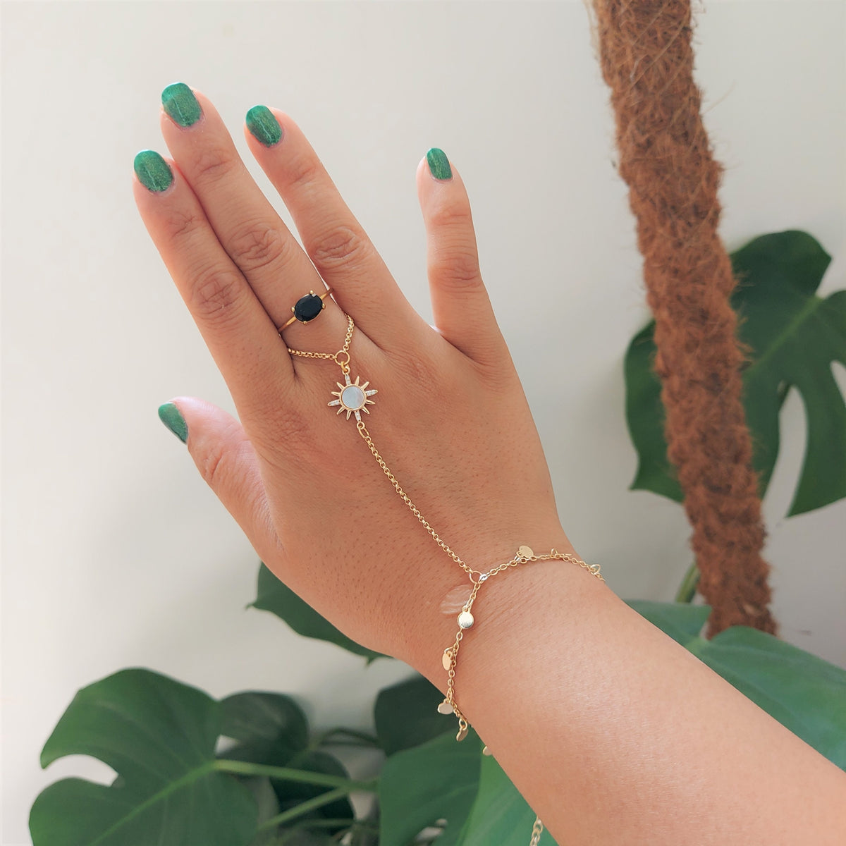 Gold Hand Chain Bracelet with Mother of Pearl Sun Charm