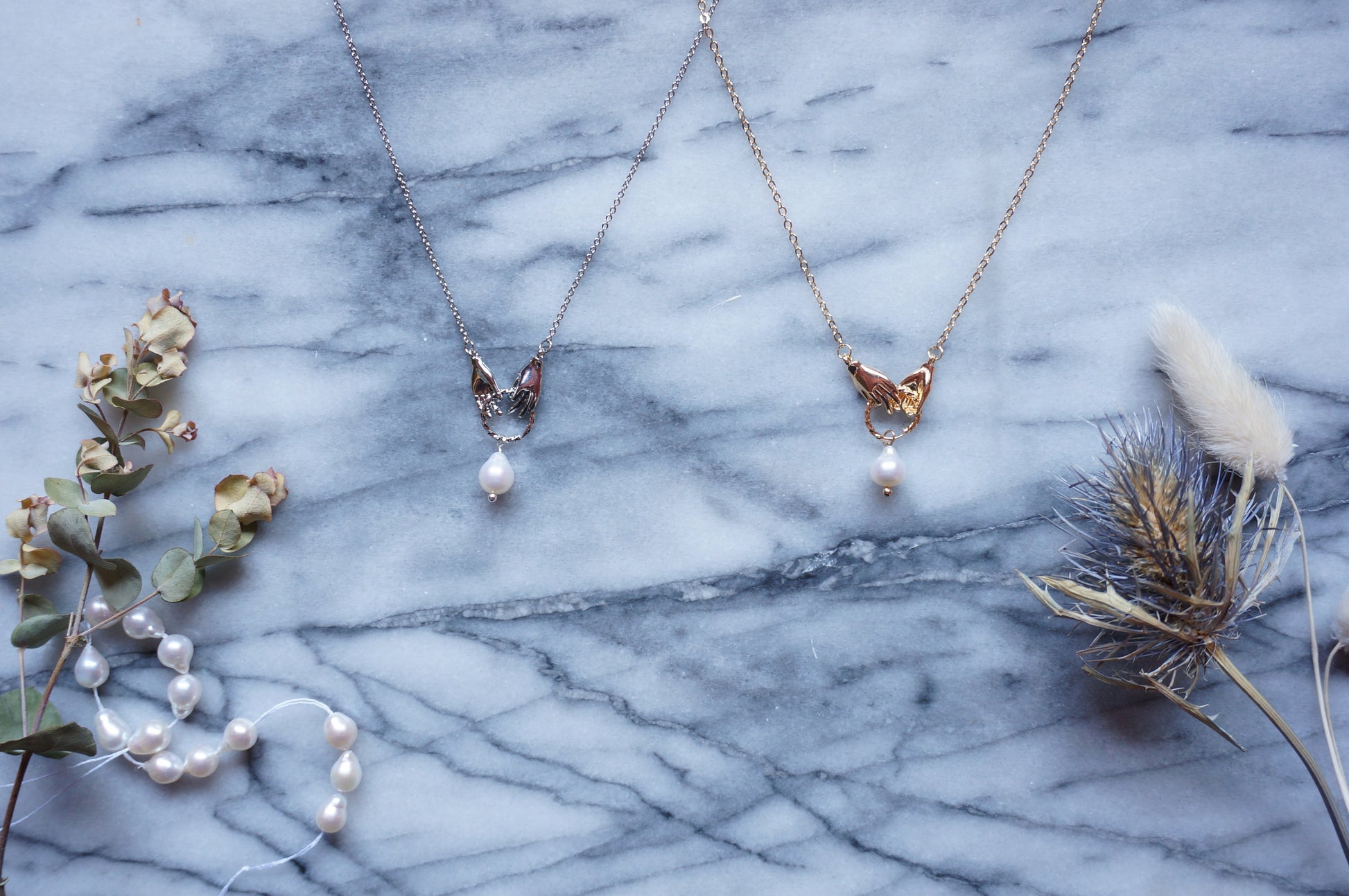 HAND-PICKED Teardrop Pearl and hands dainty necklace