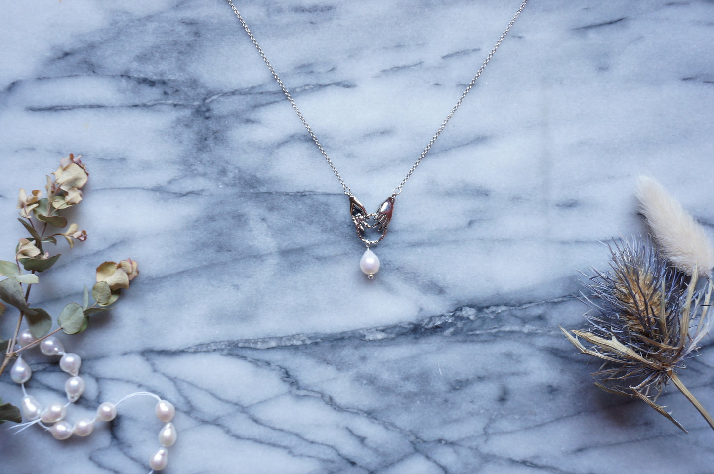 HAND-PICKED Teardrop Pearl and hands dainty necklace