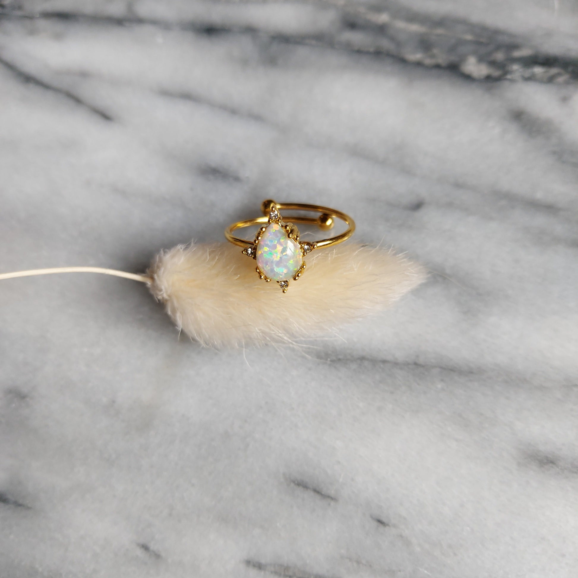 Fire and Ice Opalite Teardrop Adjustable Gold Ring / Stackable Adjustable Ring