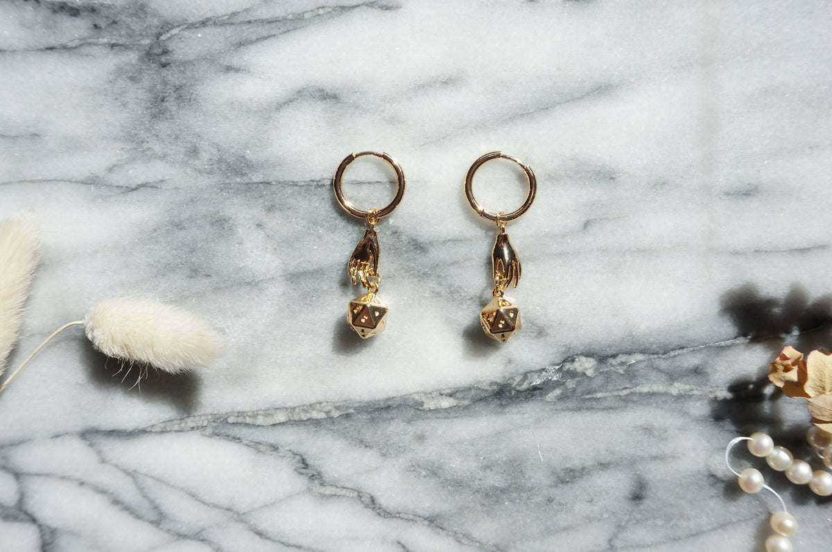 JOURNEY - Gold / Silver Dungeons and Dragons D20 Dice Earrings / Huggies