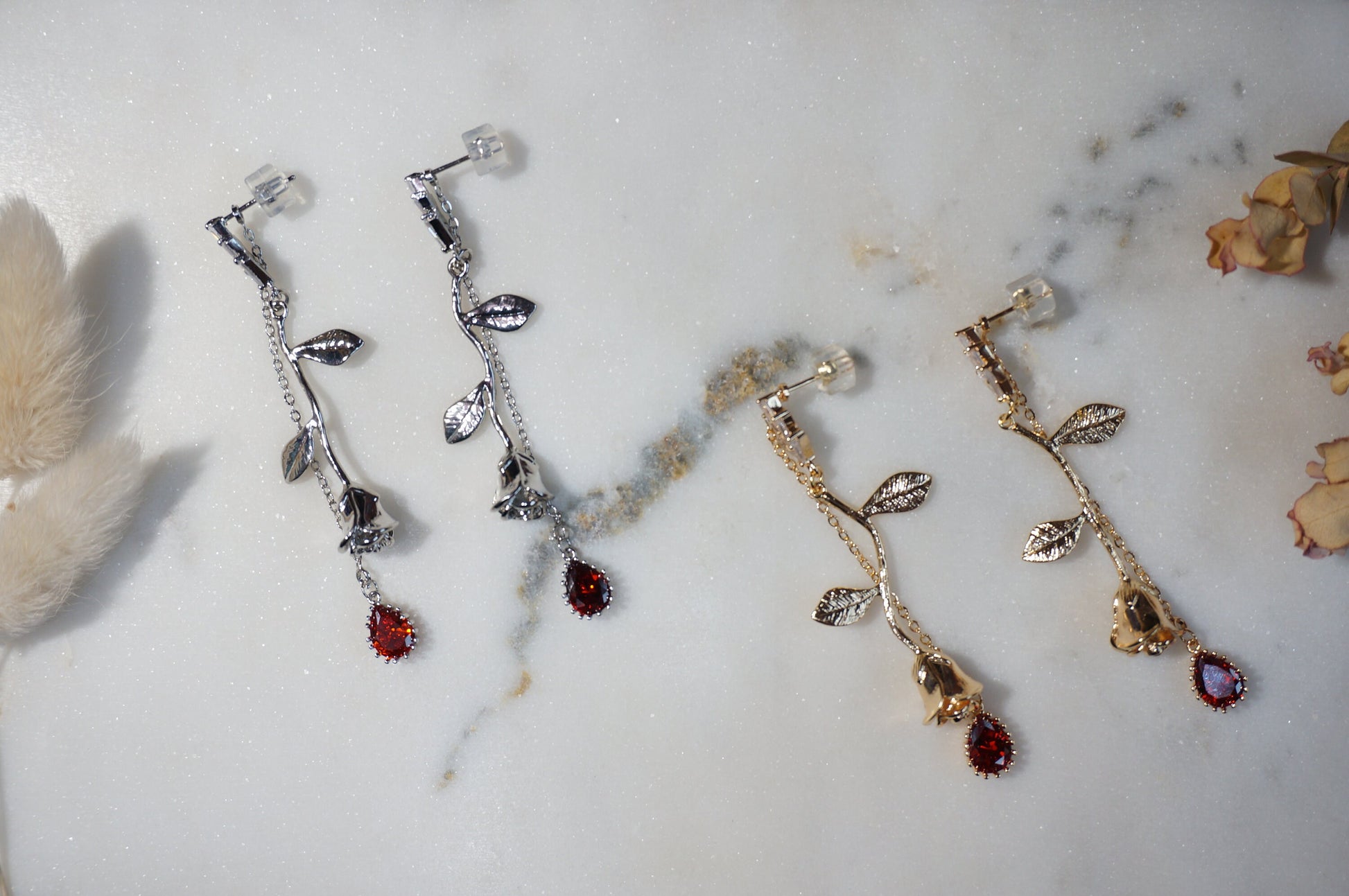 EMILY Rose and Blood Drop Dangle 2 Way Earrings / Gold, Silver Deep Red Teardrop Earrings