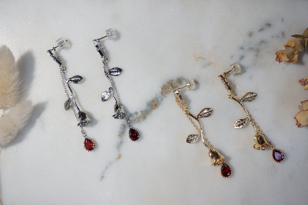 EMILY Rose and Blood Drop Dangle 2 Way Earrings / Gold, Silver Deep Red Teardrop Earrings