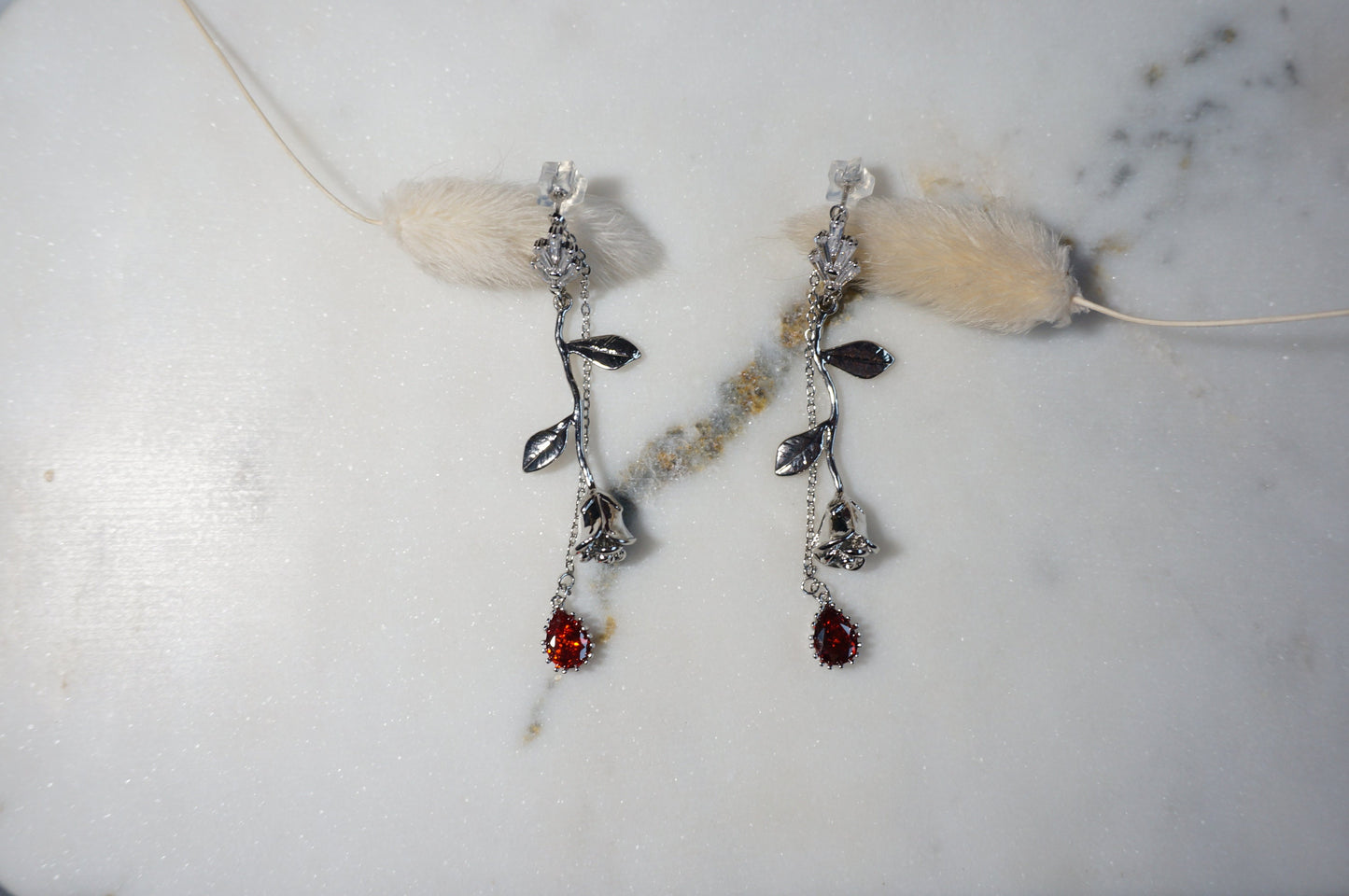 EMILY Rose and Blood Drop Dangle 2 Way Earrings / Gold, Silver Deep Red Teardrop Earrings