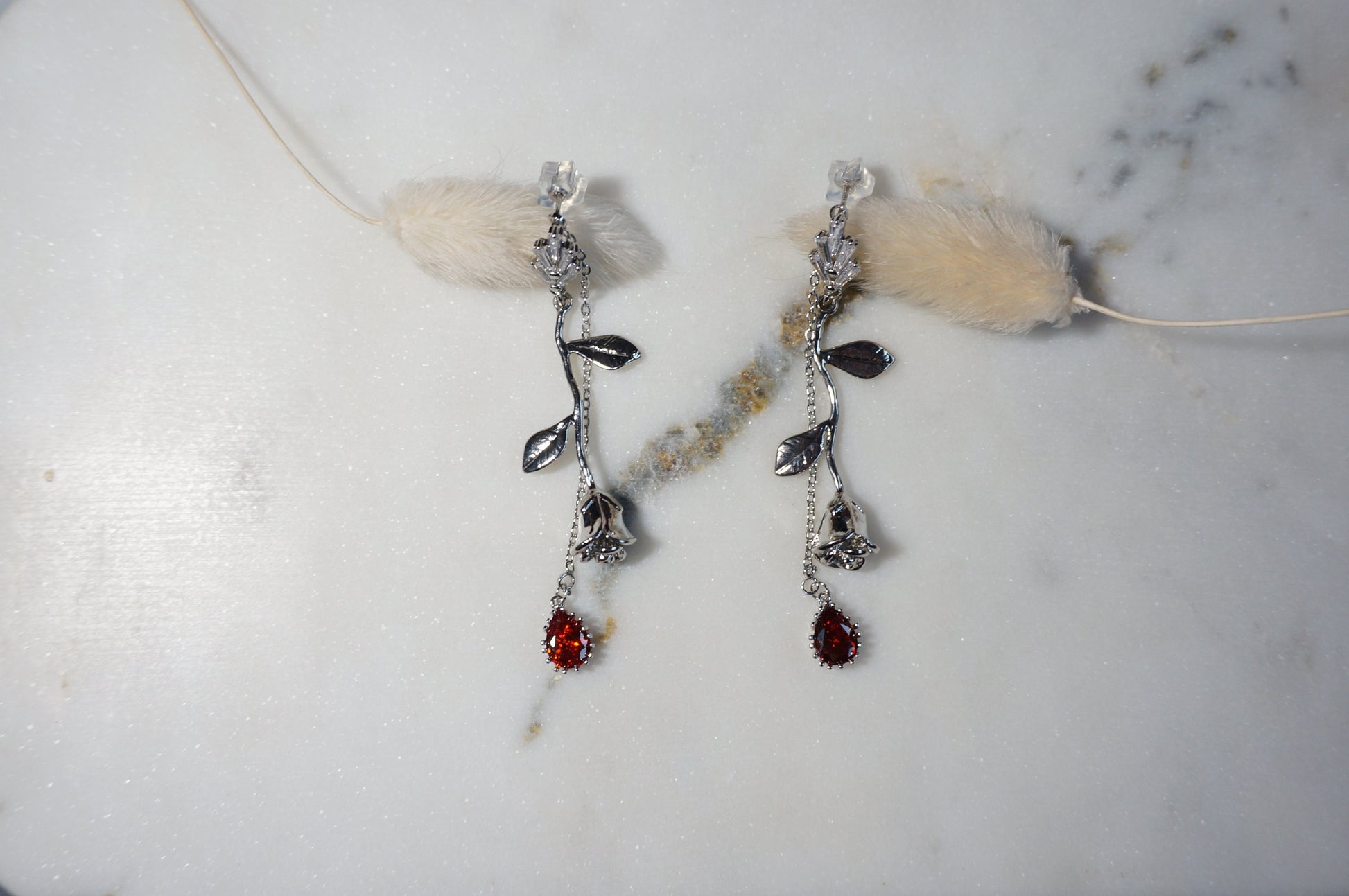 EMILY Rose and Blood Drop Dangle 2 Way Earrings / Gold, Silver Deep Red Teardrop Earrings