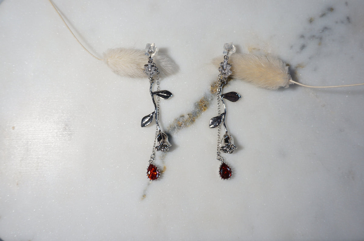 EMILY Rose and Blood Drop Dangle 2 Way Earrings / Gold, Silver Deep Red Teardrop Earrings