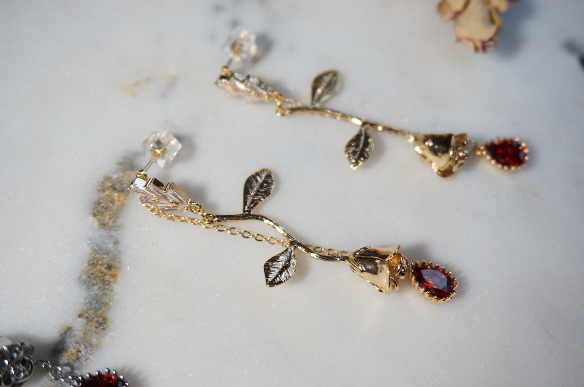 EMILY Rose and Blood Drop Dangle 2 Way Earrings / Gold, Silver Deep Red Teardrop Earrings