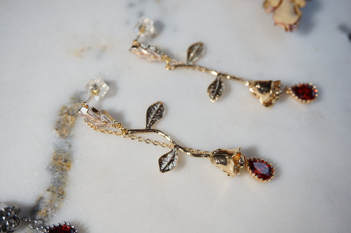 EMILY Rose and Blood Drop Dangle 2 Way Earrings / Gold, Silver Deep Red Teardrop Earrings