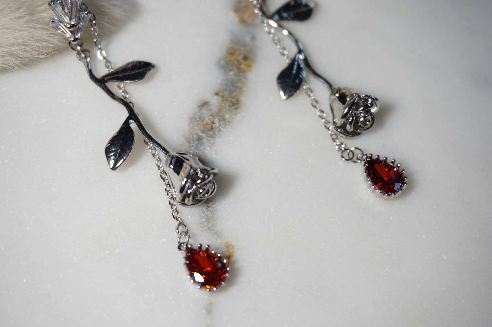 EMILY Rose and Blood Drop Dangle 2 Way Earrings / Gold, Silver Deep Red Teardrop Earrings