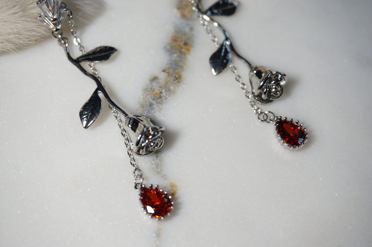 EMILY Rose and Blood Drop Dangle 2 Way Earrings / Gold, Silver Deep Red Teardrop Earrings
