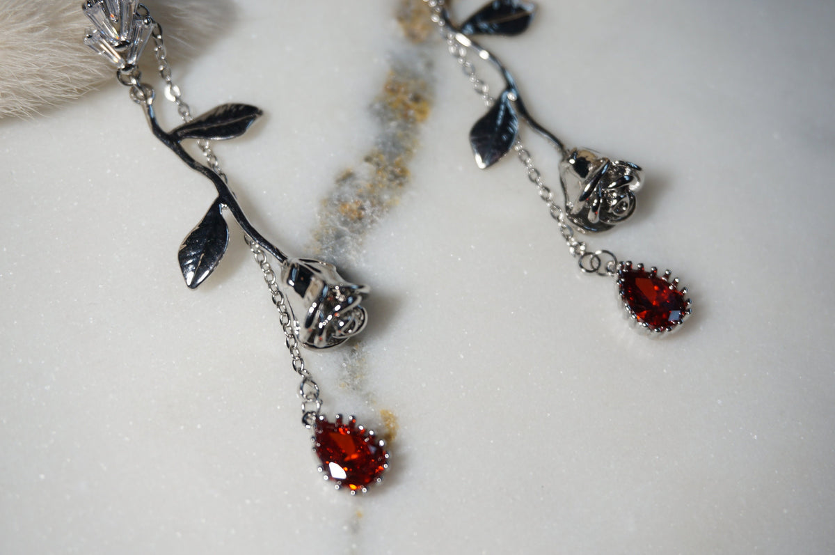 EMILY Rose and Blood Drop Dangle 2 Way Earrings / Gold, Silver Deep Red Teardrop Earrings