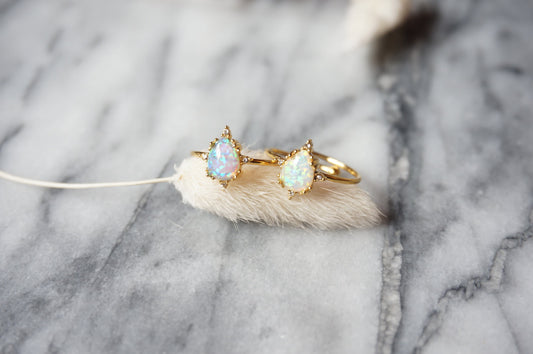 Fire and Ice Opalite Teardrop Adjustable Gold Ring / Stackable Adjustable Ring