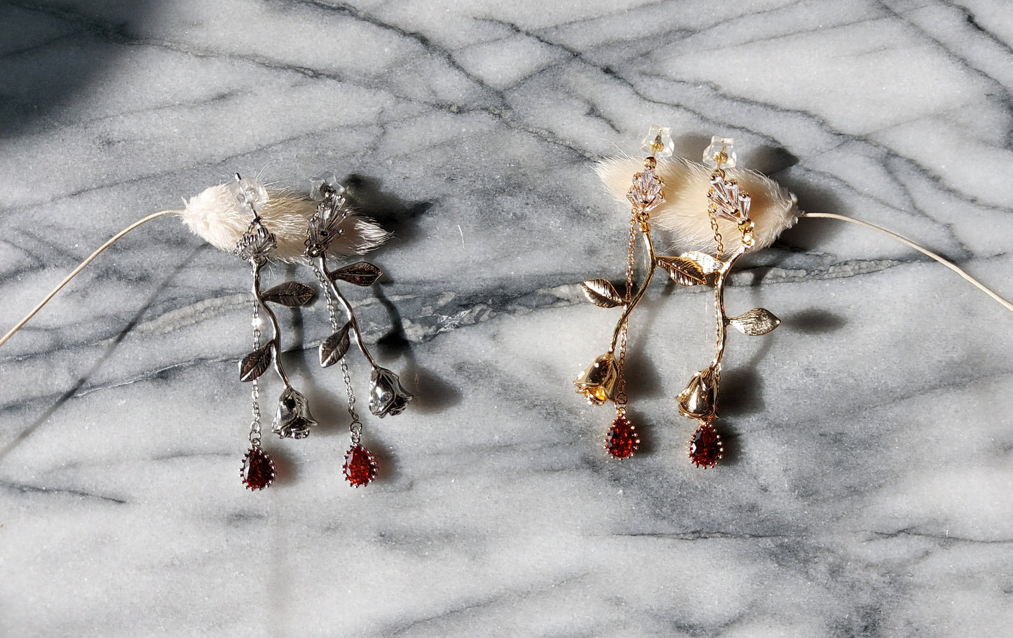 EMILY Rose and Blood Drop Dangle 2 Way Earrings / Gold, Silver Deep Red Teardrop Earrings