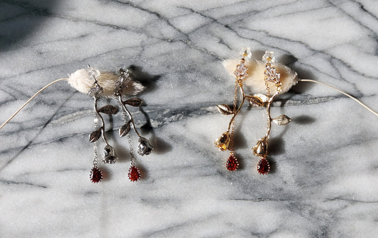 EMILY Rose and Blood Drop Dangle 2 Way Earrings / Gold, Silver Deep Red Teardrop Earrings