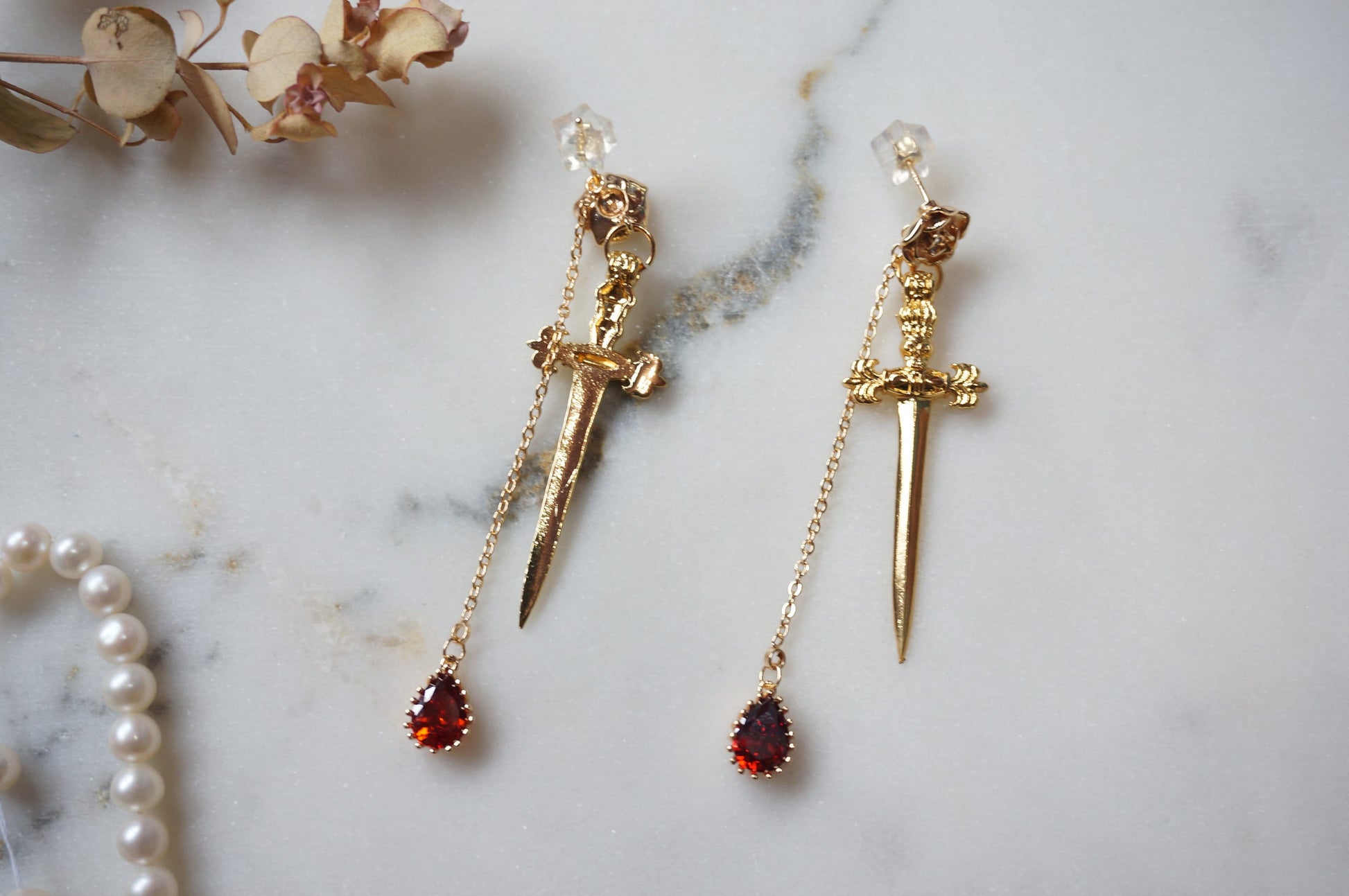 ROMEO Gold / Silver Rose, Dagger and Blood Drop Earrings
