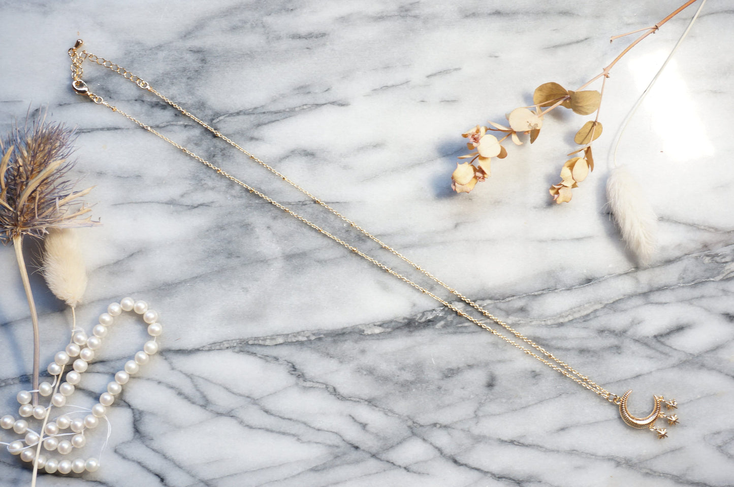 Moon and 3 Star Gold Necklace / Celestial Necklace