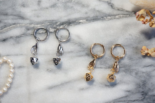 JOURNEY - Gold / Silver Dungeons and Dragons D20 Dice Earrings / Huggies