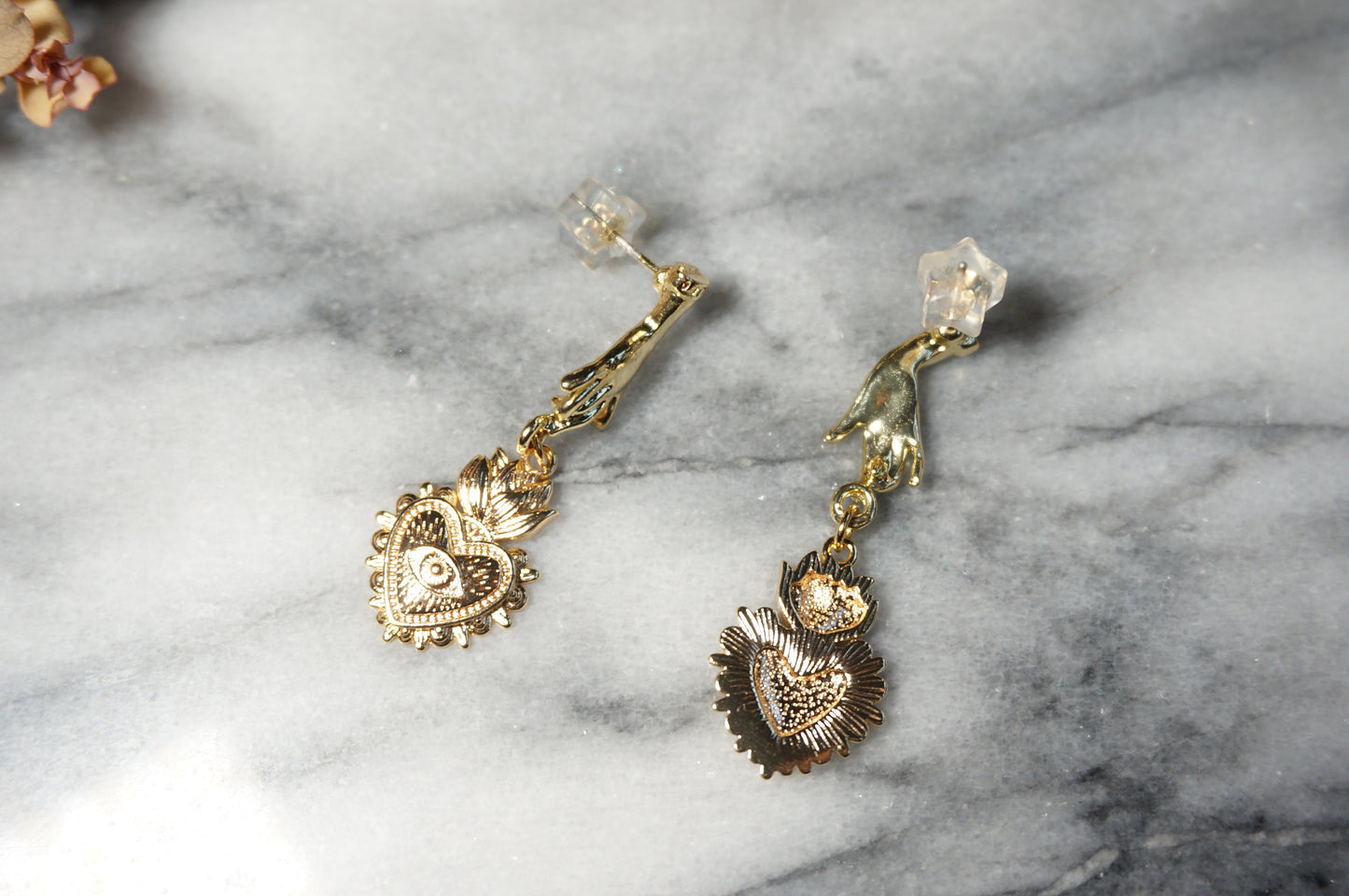 Hand Holding Sacred Heart with Evil Eye Gold Earrings