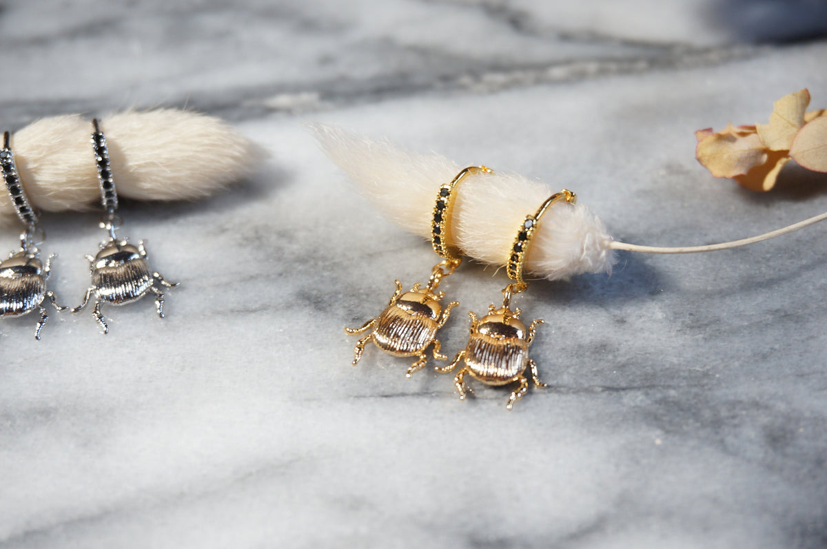 SCARAB Gold / Silver Egyptian Beetle Hoop / Huggie Earrings