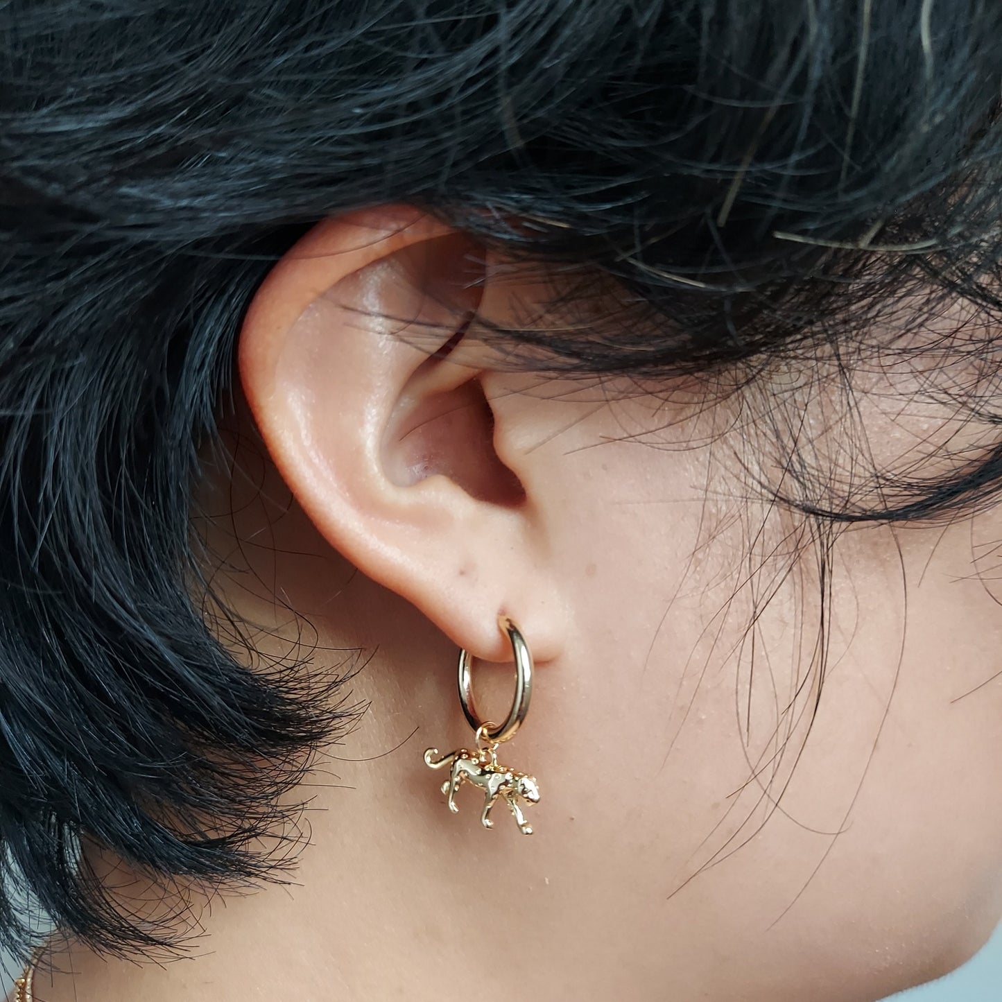 CHEETAH Gold Hoop / Huggie Earrings with Cheetah / Leopard Charm