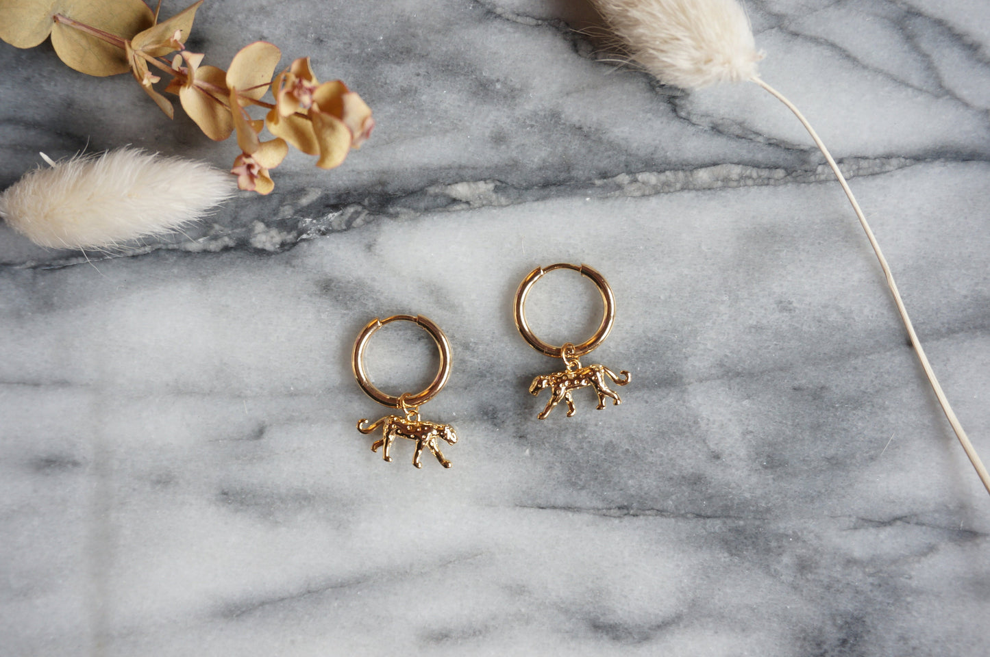 CHEETAH Gold Hoop / Huggie Earrings with Cheetah / Leopard Charm