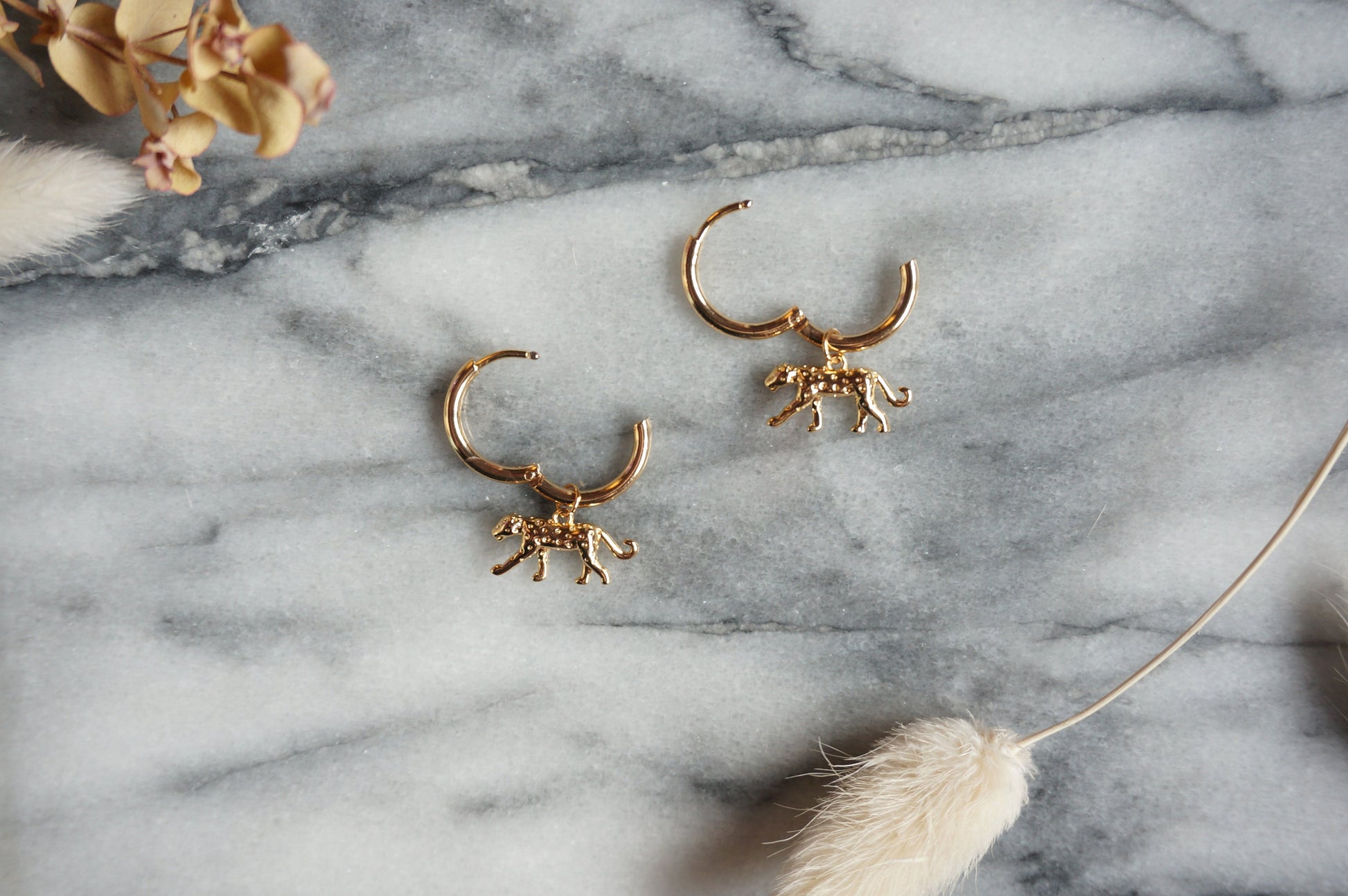 CHEETAH Gold Hoop / Huggie Earrings with Cheetah / Leopard Charm