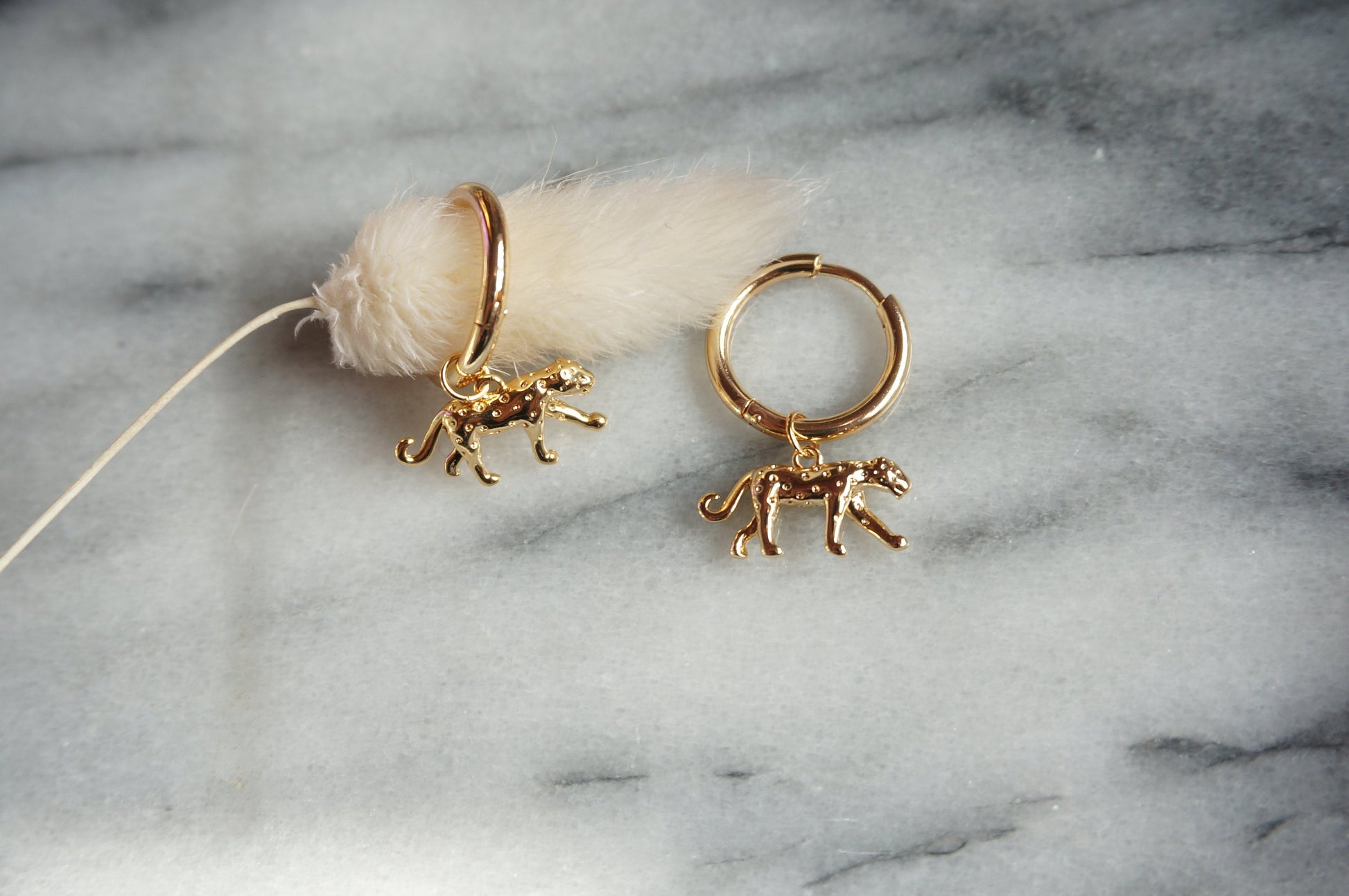 CHEETAH Gold Hoop / Huggie Earrings with Cheetah / Leopard Charm