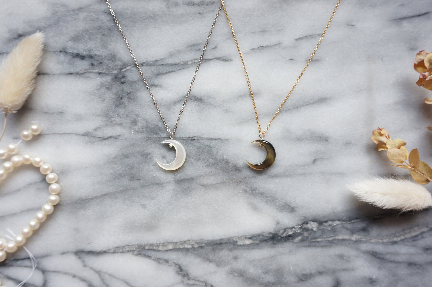 Silver and Gold Pearlescent Moon Necklace