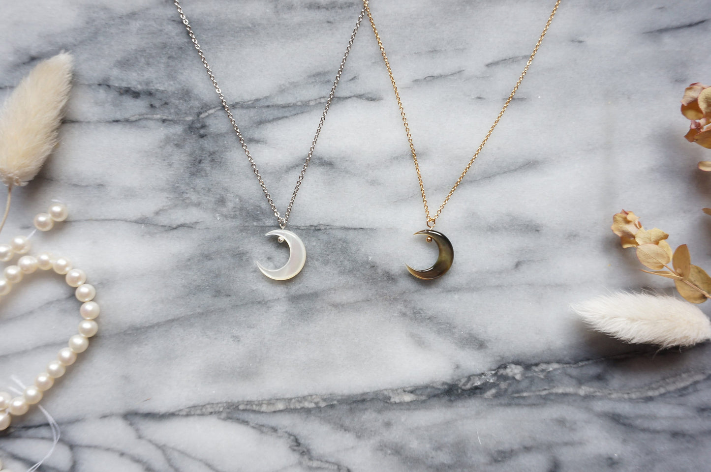 Silver and Gold Pearlescent Moon Necklace