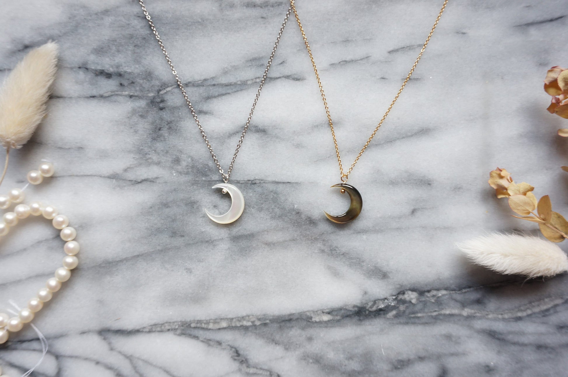 Silver and Gold Pearlescent Moon Necklace