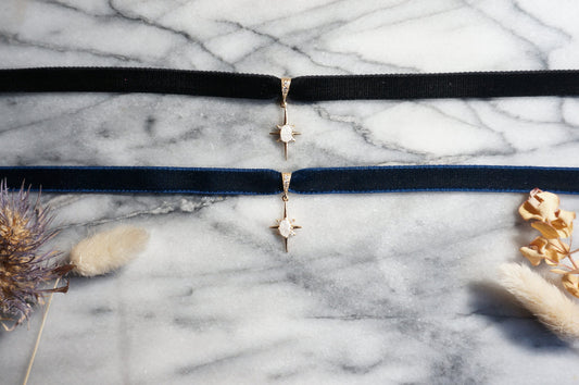 North Star Moonstone and Black / Deep Blue Stretch Velvet Choker/ Black