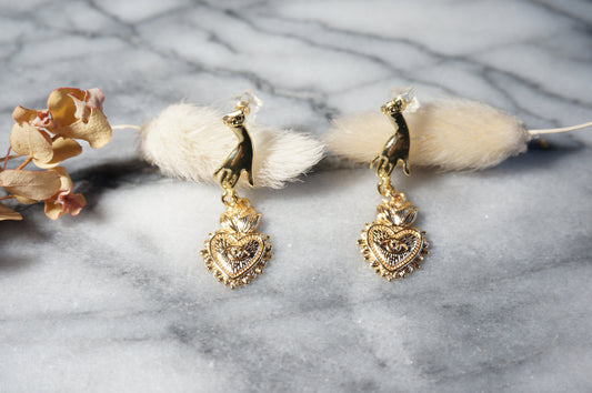 Hand Holding Sacred Heart with Evil Eye Gold Earrings