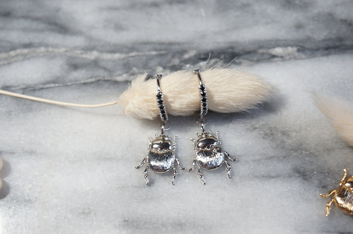 SCARAB Gold / Silver Egyptian Beetle Hoop / Huggie Earrings