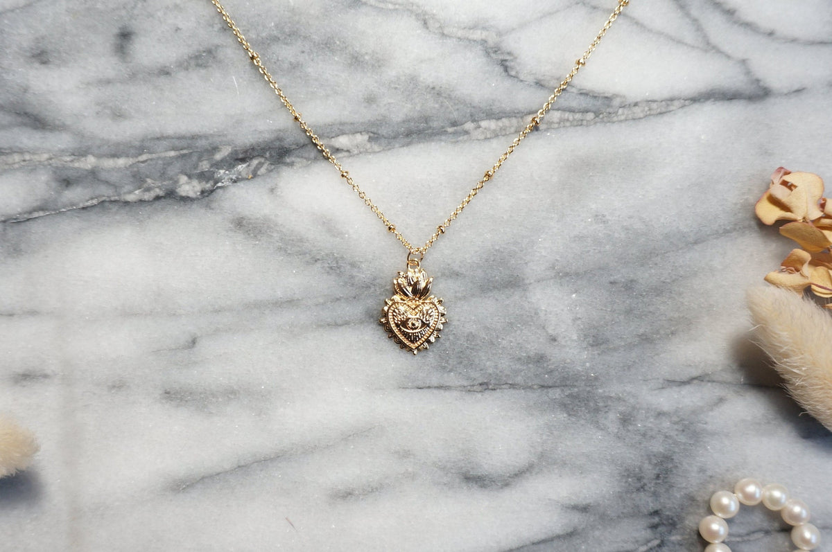 Sacred Heart Evil Eye 18k Gold / Silver / Black Metal Plated Necklace