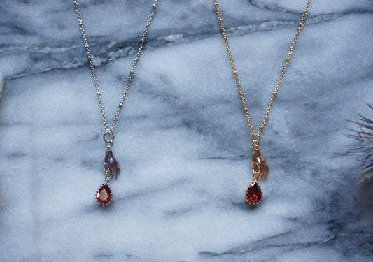 SCARLET Gold/Silver Dainty Hand and Red Gem Necklace / Hand and Blood Drop Necklace