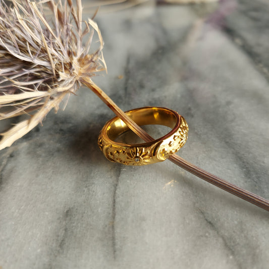 Gold Celestial Engraved Ring / Stars, Moon and Sun Ring