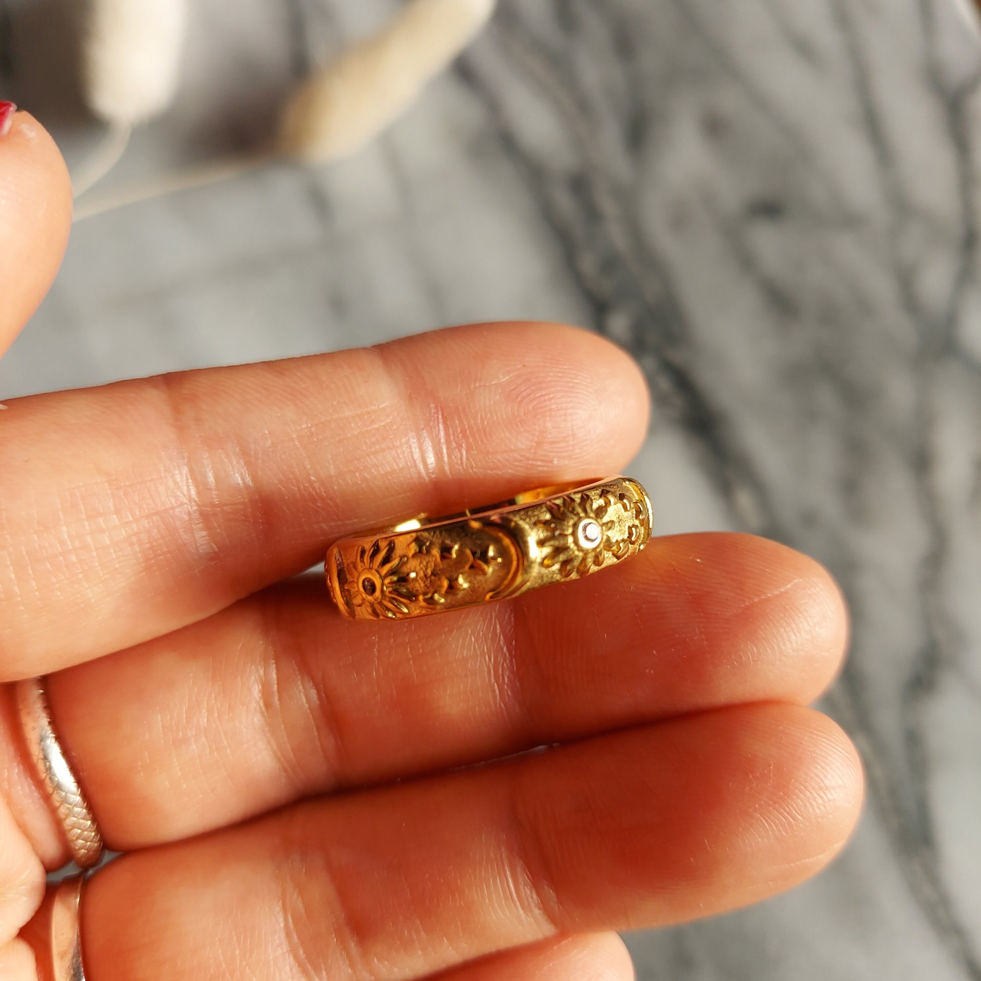 Gold Celestial Engraved Ring / Stars, Moon and Sun Ring