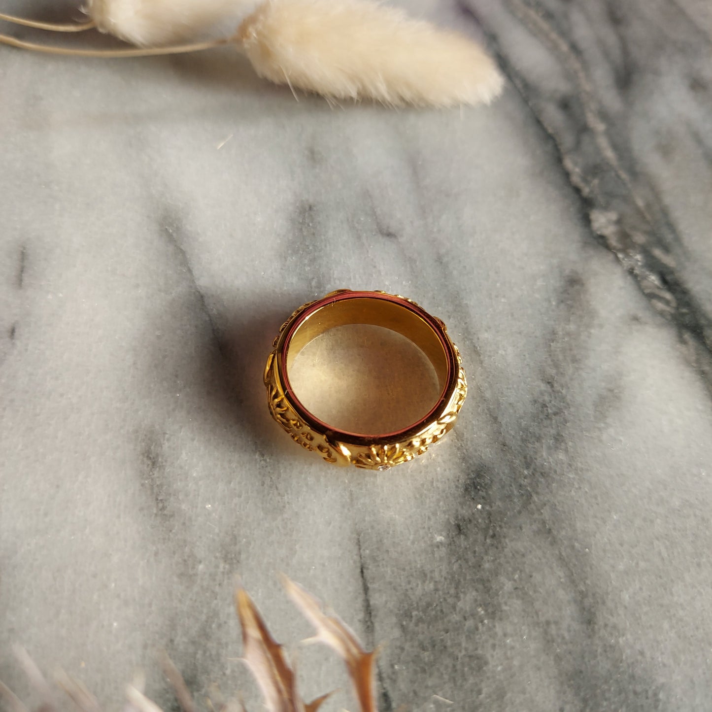 Gold Celestial Engraved Ring / Stars, Moon and Sun Ring
