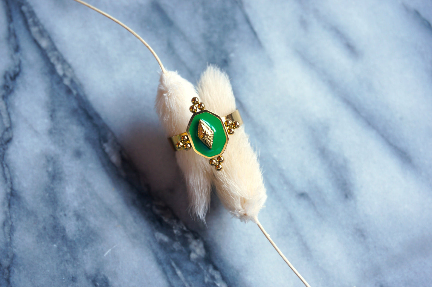 Gold and Green Enamel Adjustable Ring