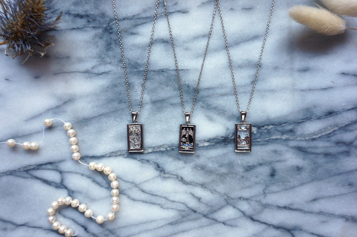 Silver Plated Brass Tarot Necklace with Mother of Pearl Backing – Temperance / The Lovers / Strength Card