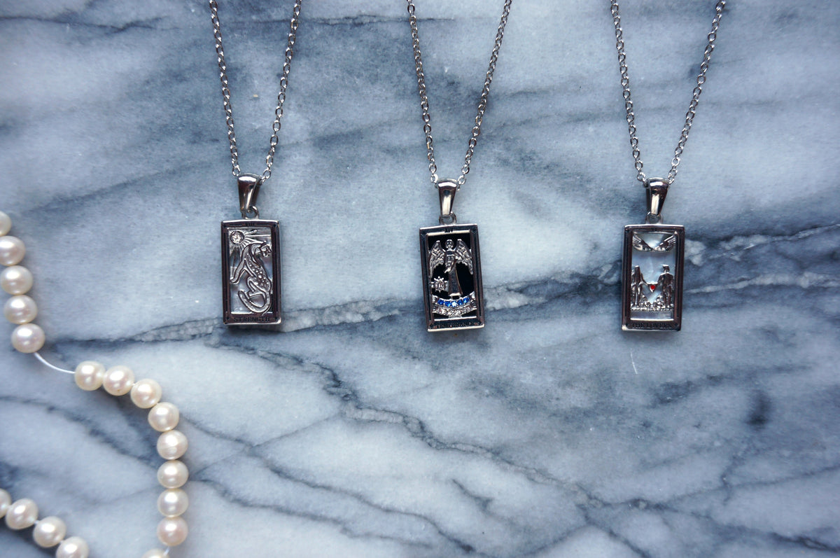 Silver Plated Brass Tarot Necklace with Mother of Pearl Backing – Temperance / The Lovers / Strength Card