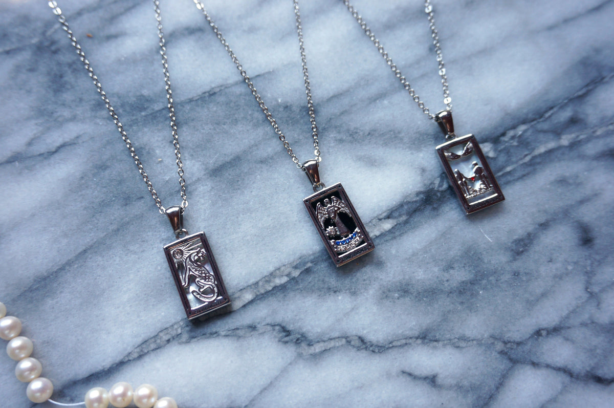 Silver Plated Brass Tarot Necklace with Mother of Pearl Backing – Temperance / The Lovers / Strength Card