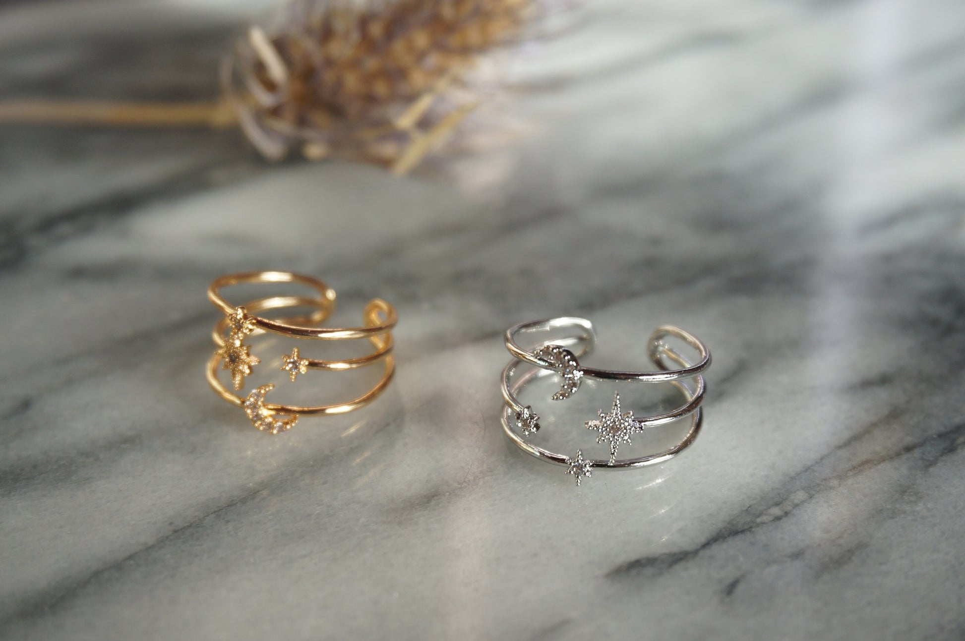 AQUARIUS Gold/Silver Moon and Stars Adjustable Stacked Ring