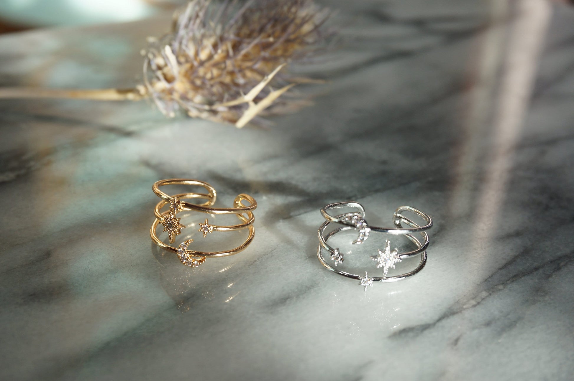 AQUARIUS Gold/Silver Moon and Stars Adjustable Stacked Ring