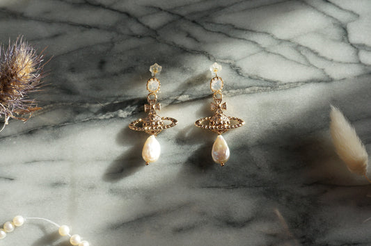 VICTORIA Gold/Silver Orb and Teardrop Pearl / Black Pearl Earrings
